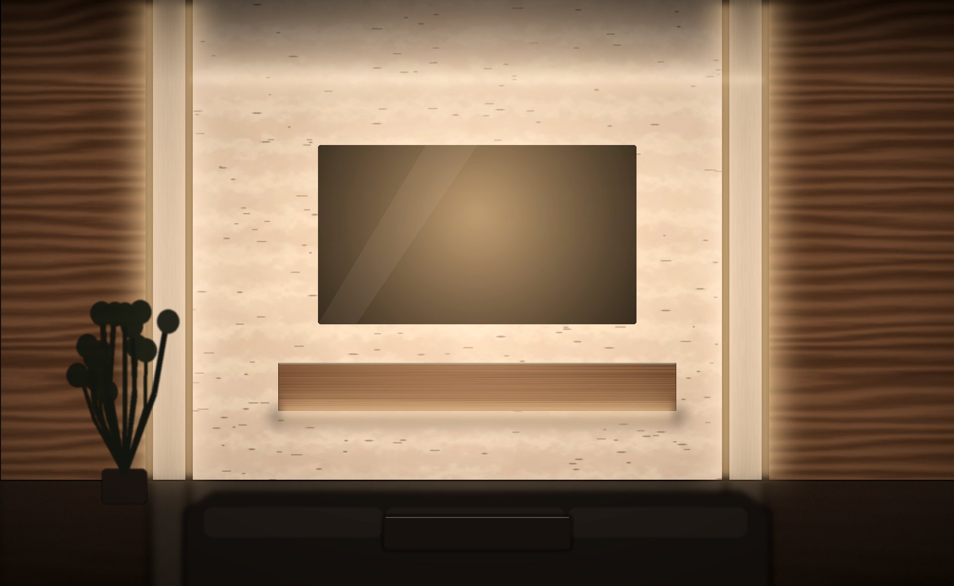 Salon résidentiel : mur TV signature Revolium en travertin et noyer rainuré, LED indirectes, socle flottant
